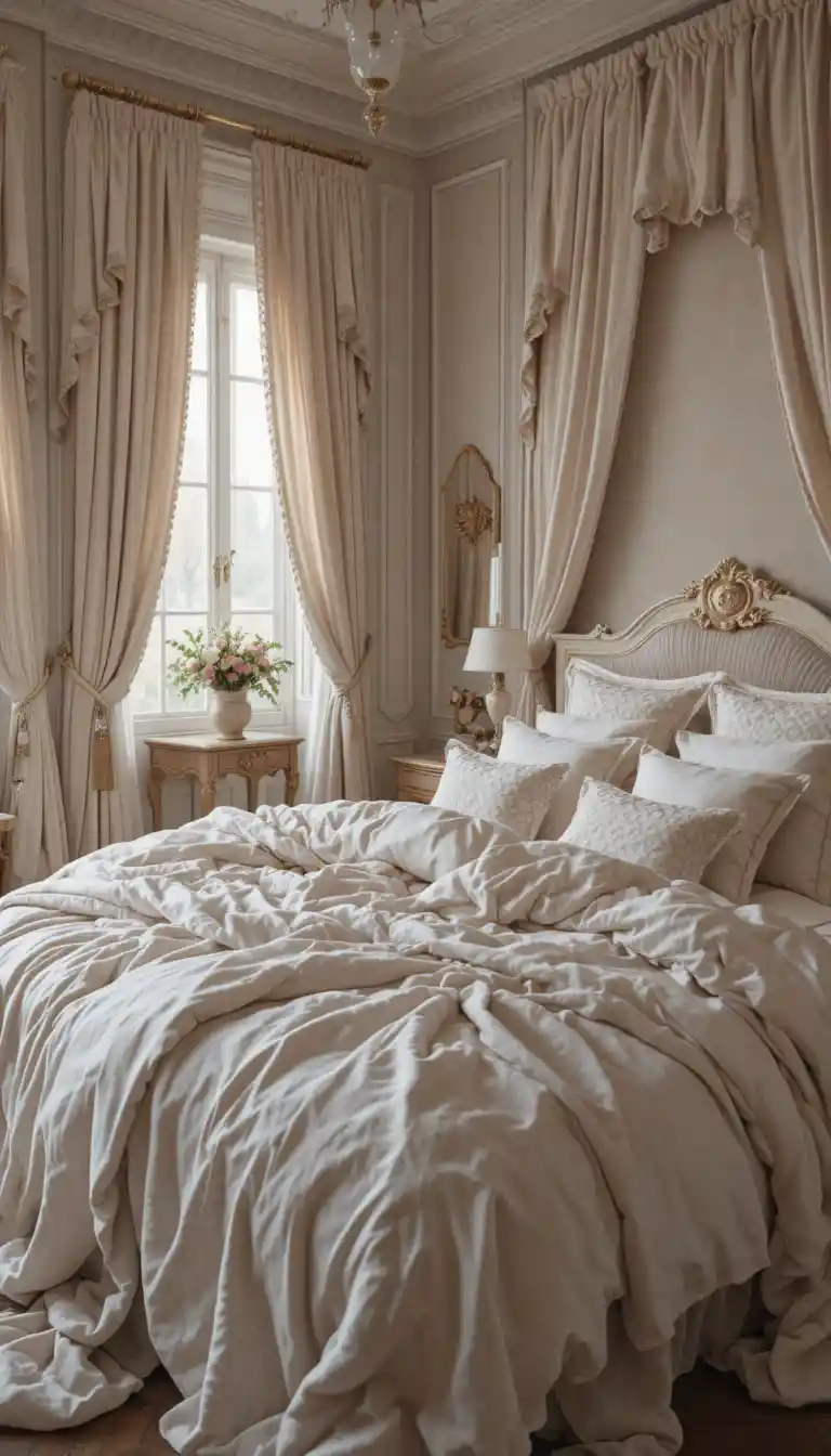 Luxurious bedroom filled with soft blankets and pillows