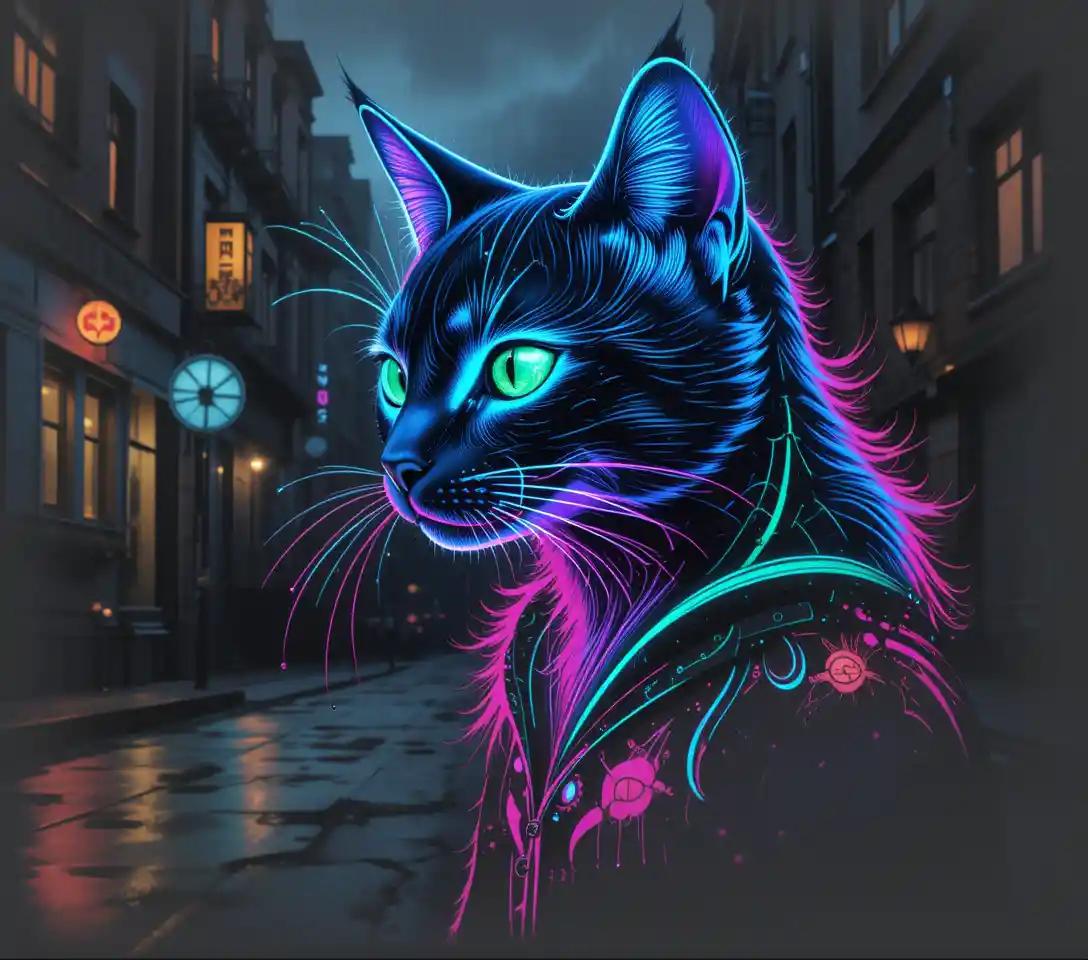 Profilo di Gatto al Neon in Audace Stile Urban Pop Art