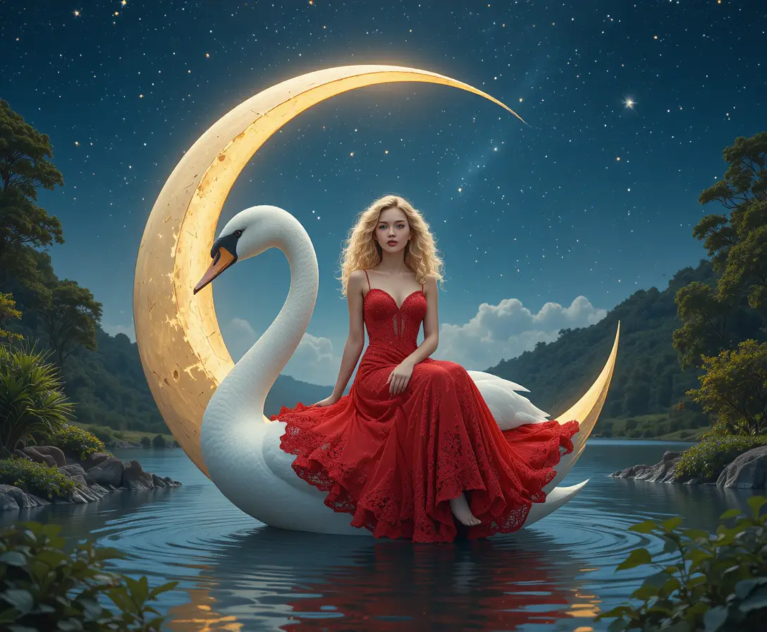 Young woman on crescent moon above swan on still water