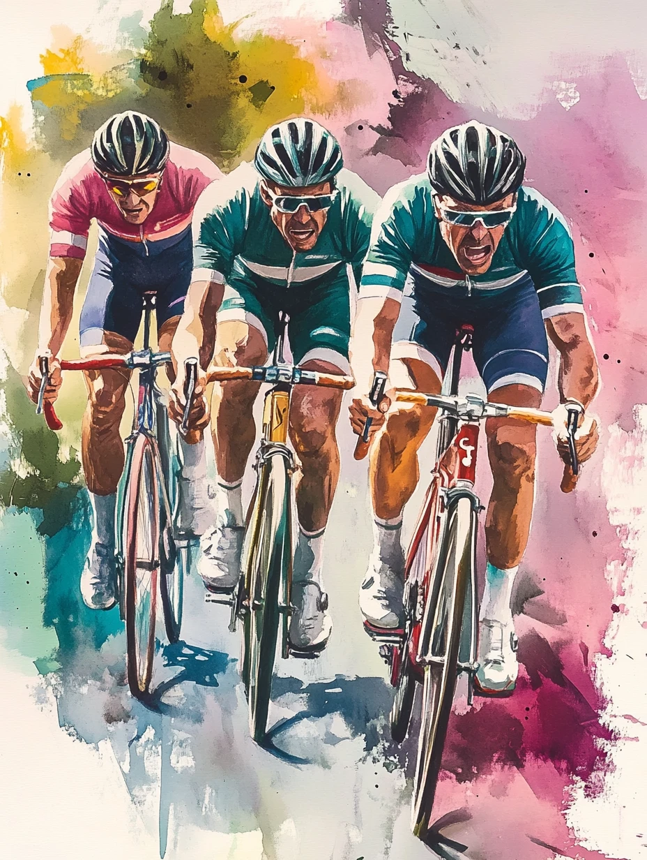 Ciclistas em aquarela correndo em bicicletas de estrada vintage vistos de cima