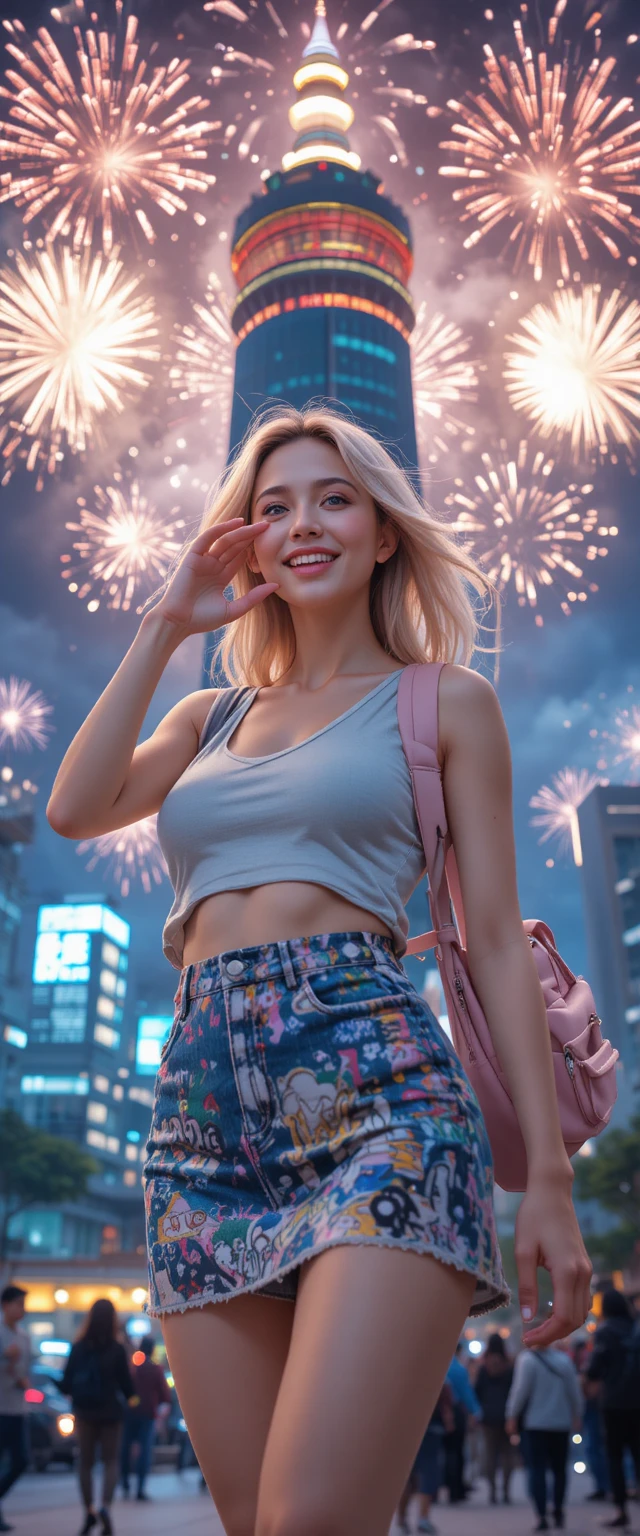 Femme blonde prenant un selfie devant les feux d'artifice du Taipei 101