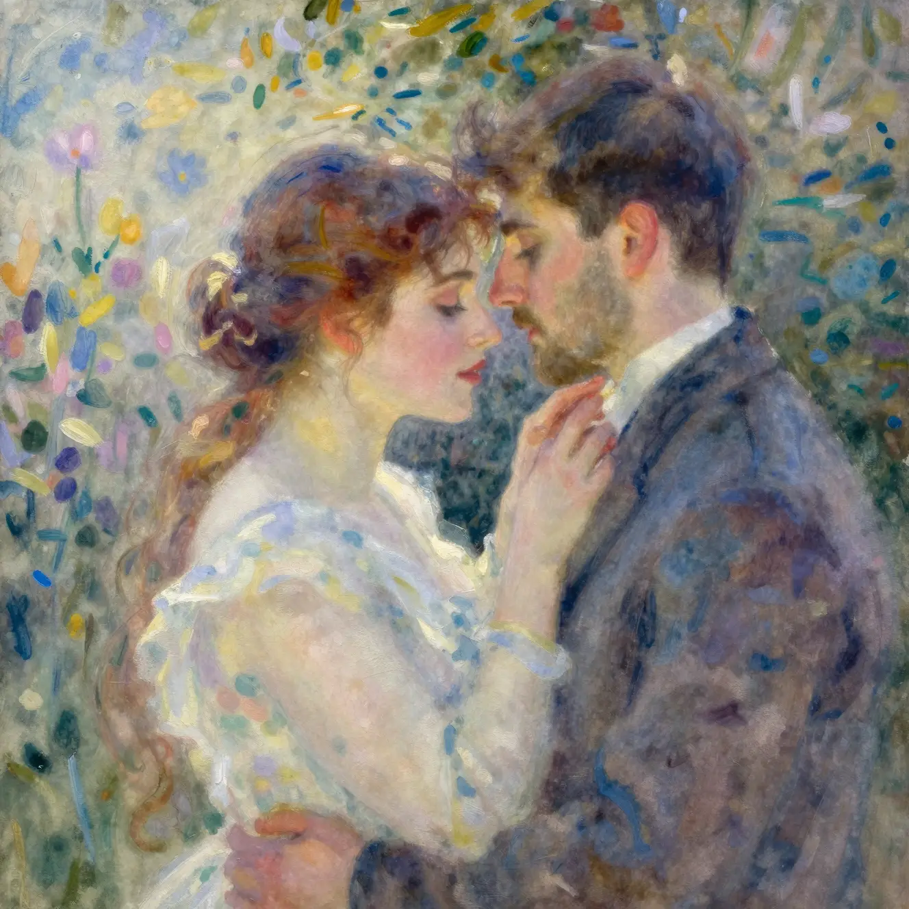Couple romantique dans une étreinte onirique et surréaliste en aquarelle
