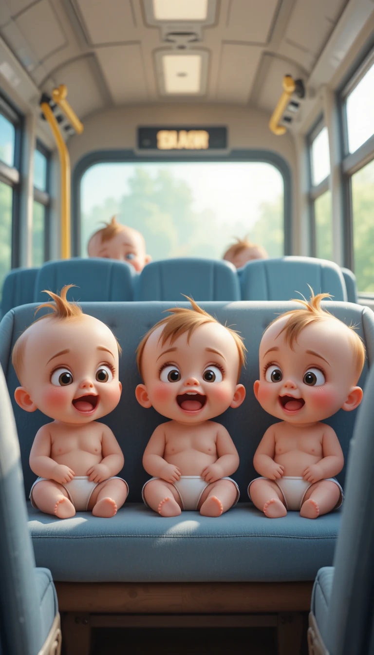 Dolci bebè 3D seduti insieme su comodi sedili dell’autobus