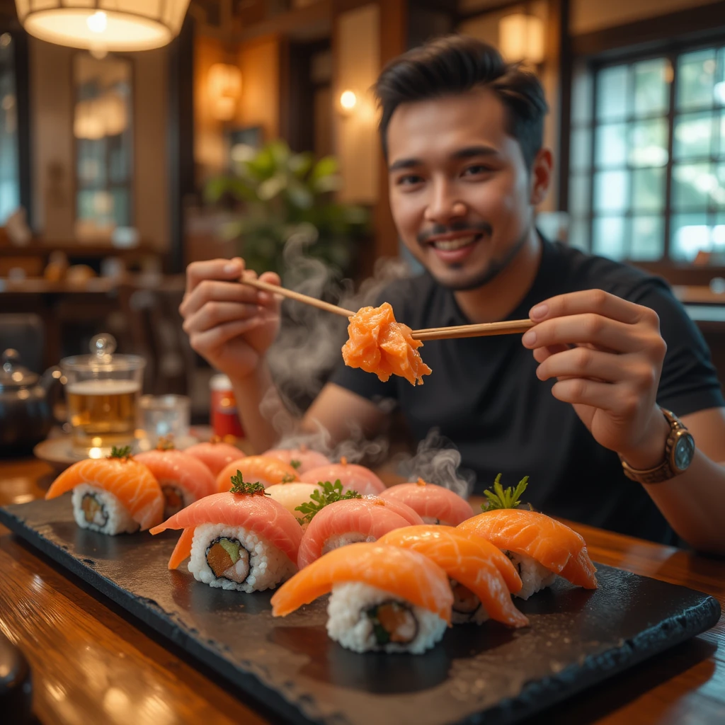 Homem aproveitando sushi em uma mesa aconchegante de restaurante japonês