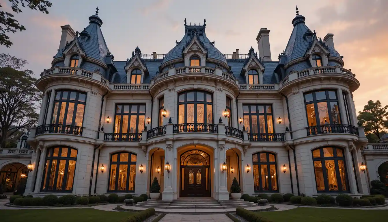 Art nouveau mansion facade at sunset with warm lighting