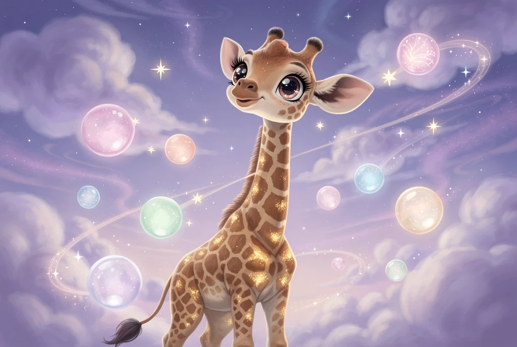 Adorável filhote de girafa alcançando as estrelas em um céu dos sonhos