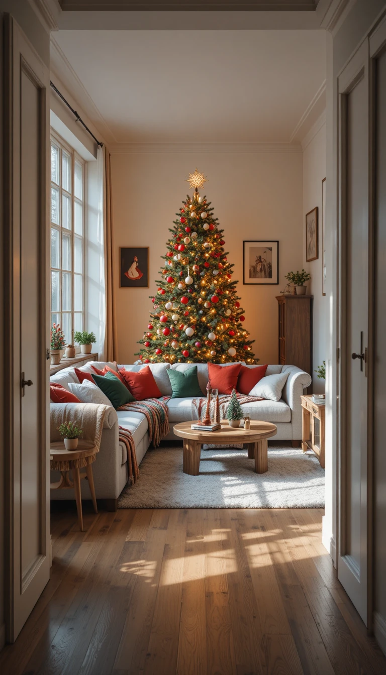 Gemütliches modernes Wohnzimmer mit natürlichem Weihnachtsbaum