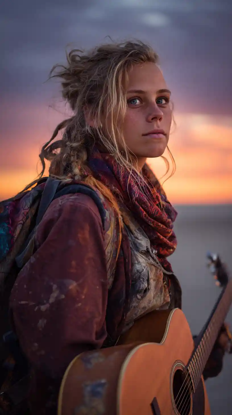 Young woman with guitar walking into sunset adventure
