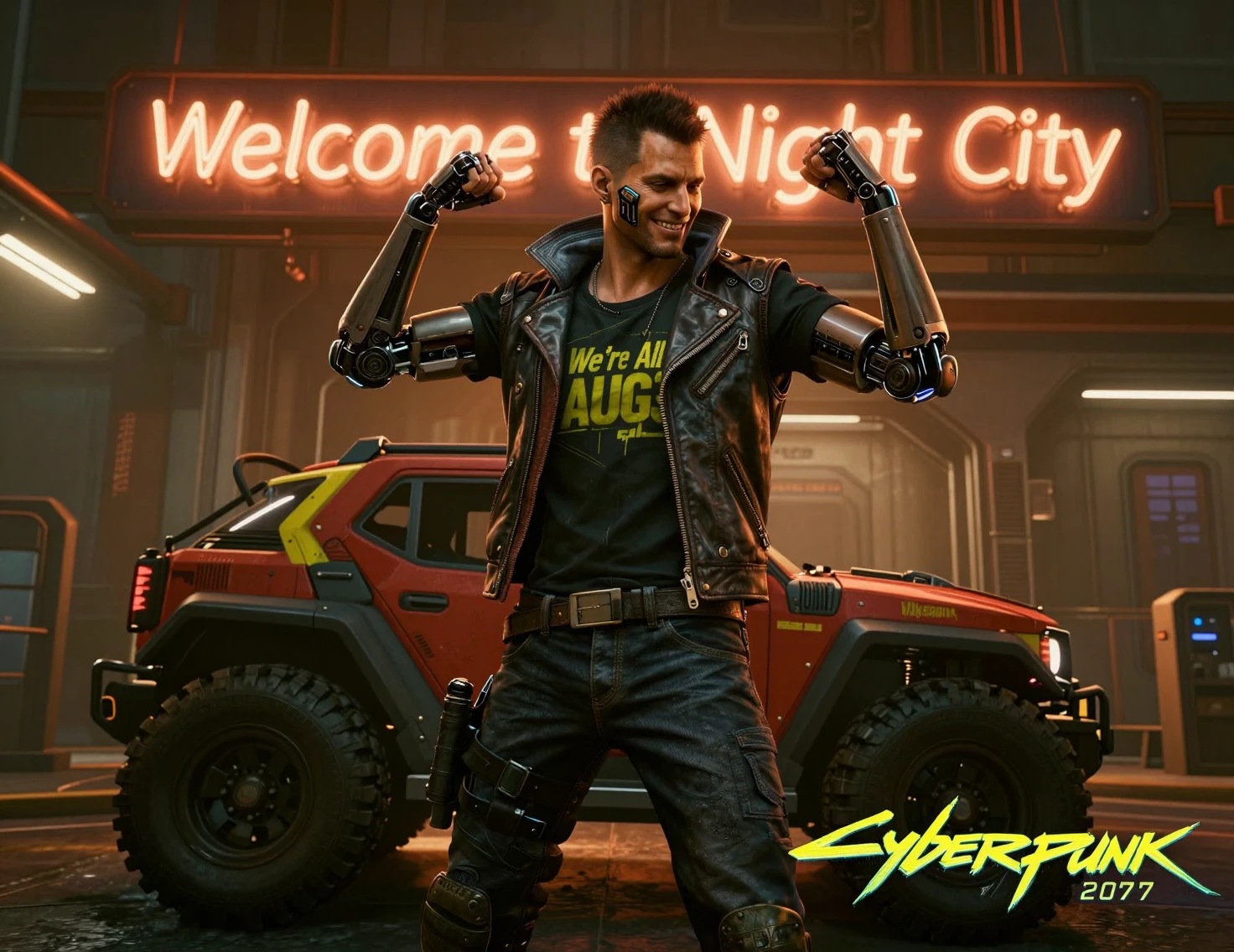 Uomo cyborg cyberpunk che mette in mostra i muscoli accanto a un fuoristrada