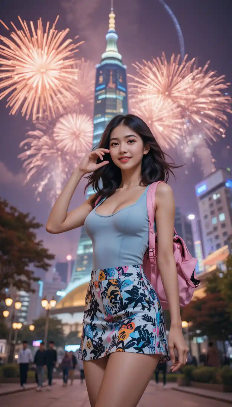Young woman taking selfie before Taipei 101 fireworks
