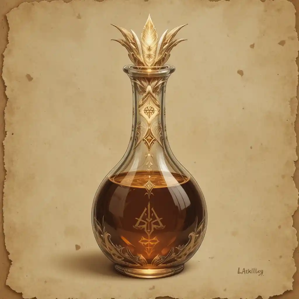 Fiole de potion fantastique avec runes lumineuses sur fond parchemin
