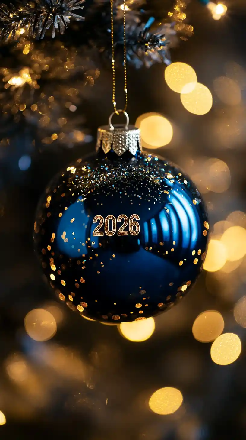 Boule de Noël bleu saphir en macro avec reflet de feux d’artifice dorés
