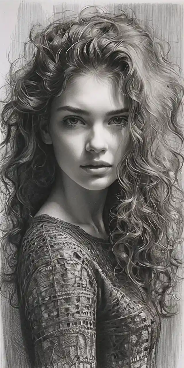 Hyperreal graphite portrait of a young woman with wild hair