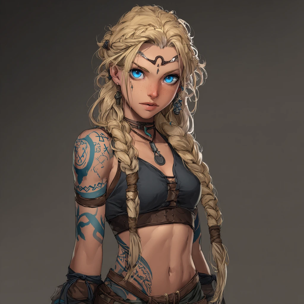 Dark elf sorceress with runic tattoos and blue eyes