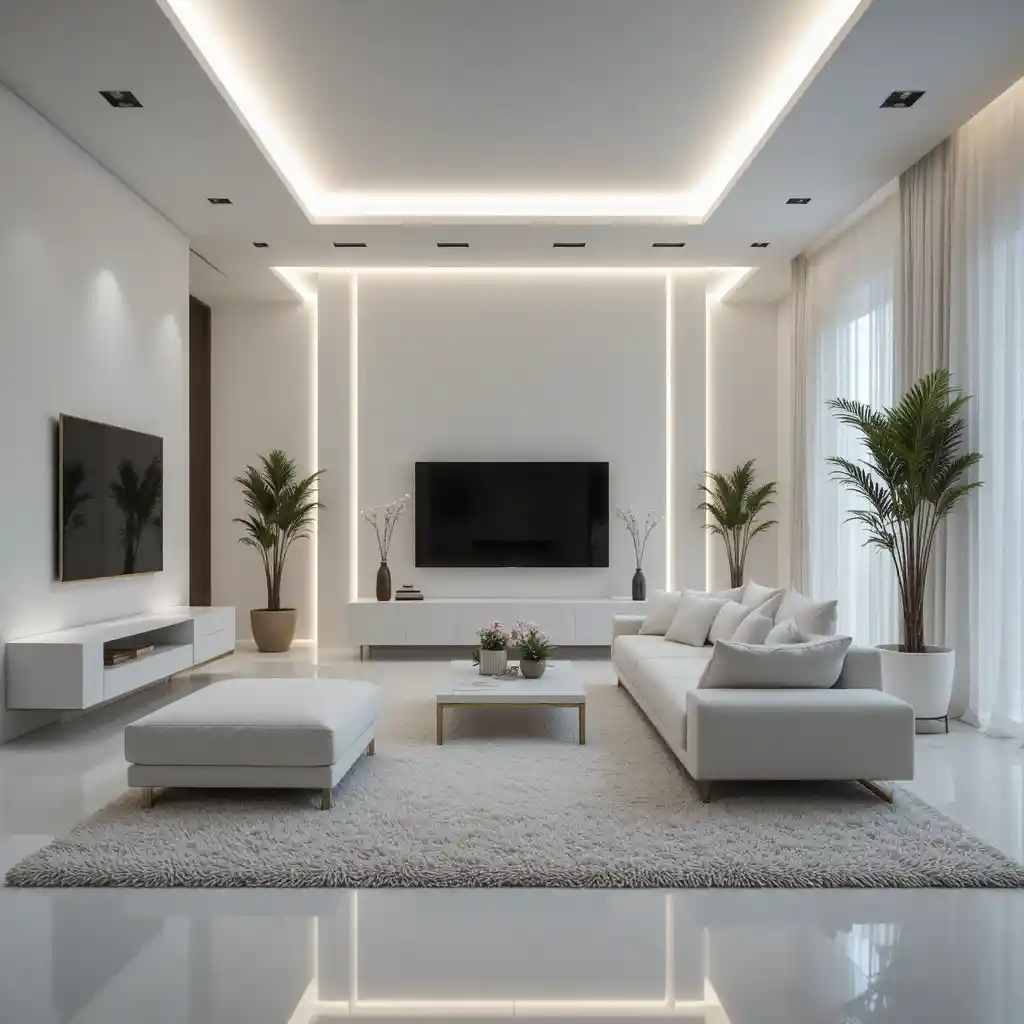 Blonde woman on white sofa in minimalist living room