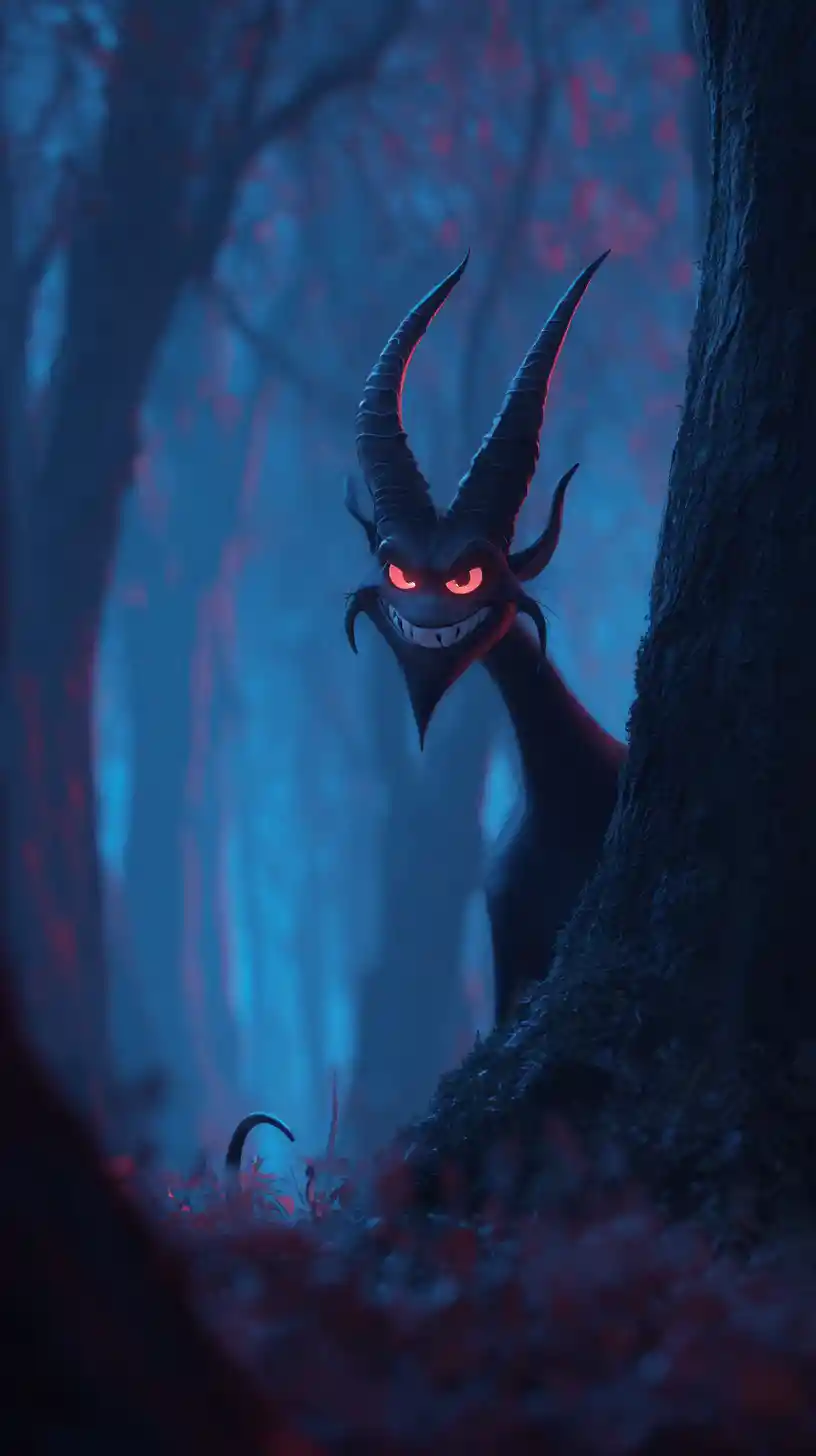 Sinister demon deceiving a mortal in shadowy forest