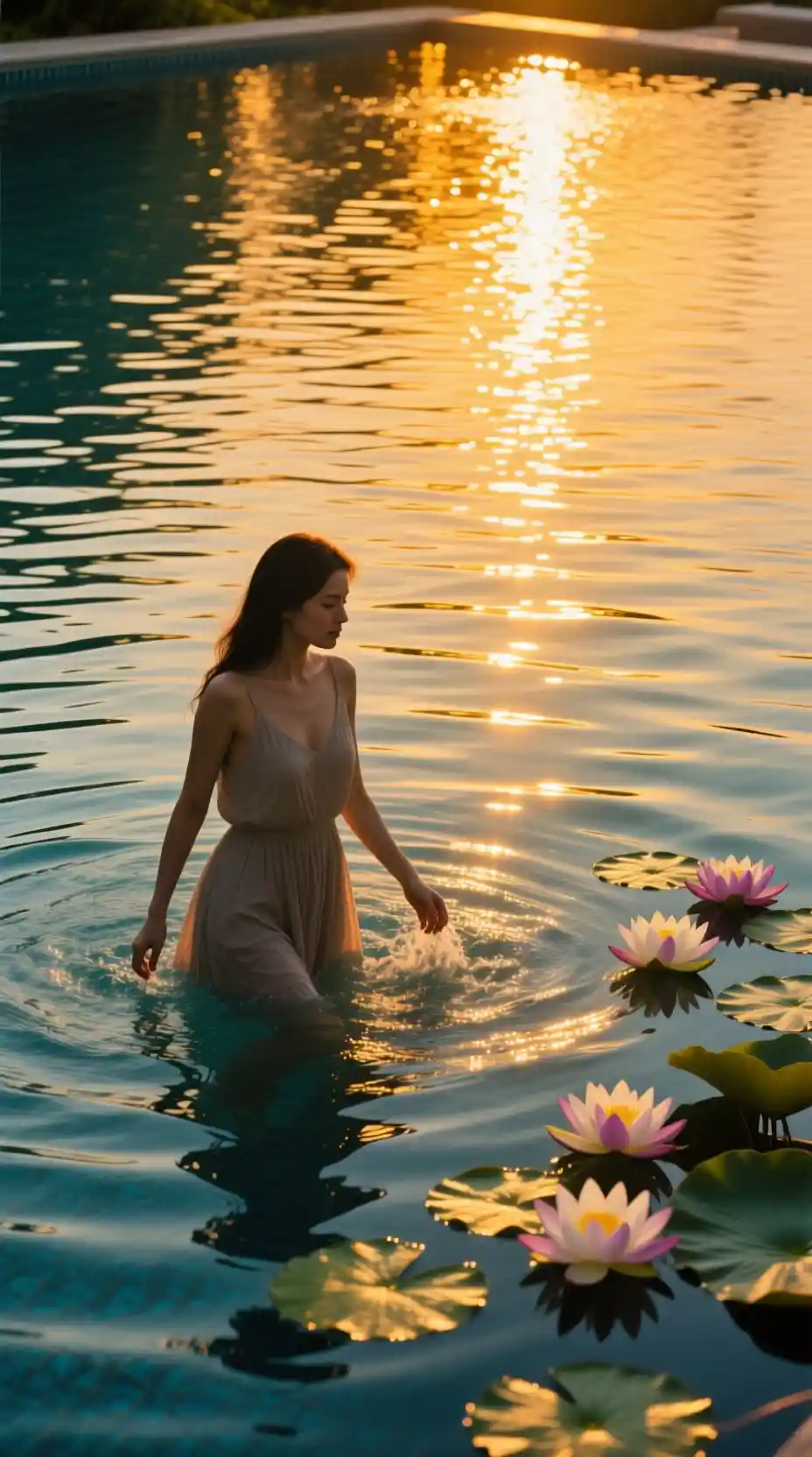 Femme quittant une piscine tranquille au coucher du soleil avec des fleurs de lotus