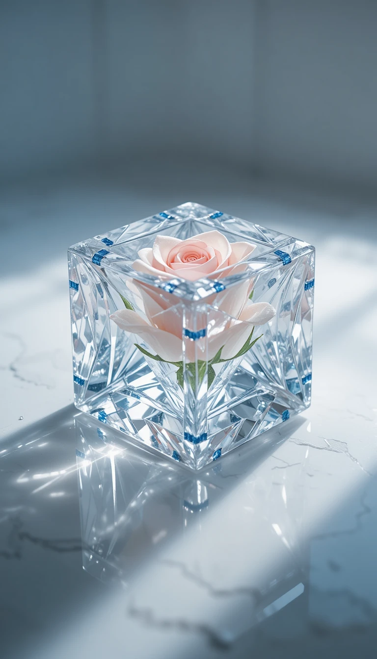 Cubo de gelo de cristal com facetas de diamante e rosa congelada