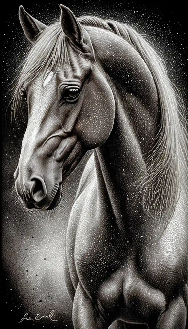 White arabian horse portrait on black cosmic background