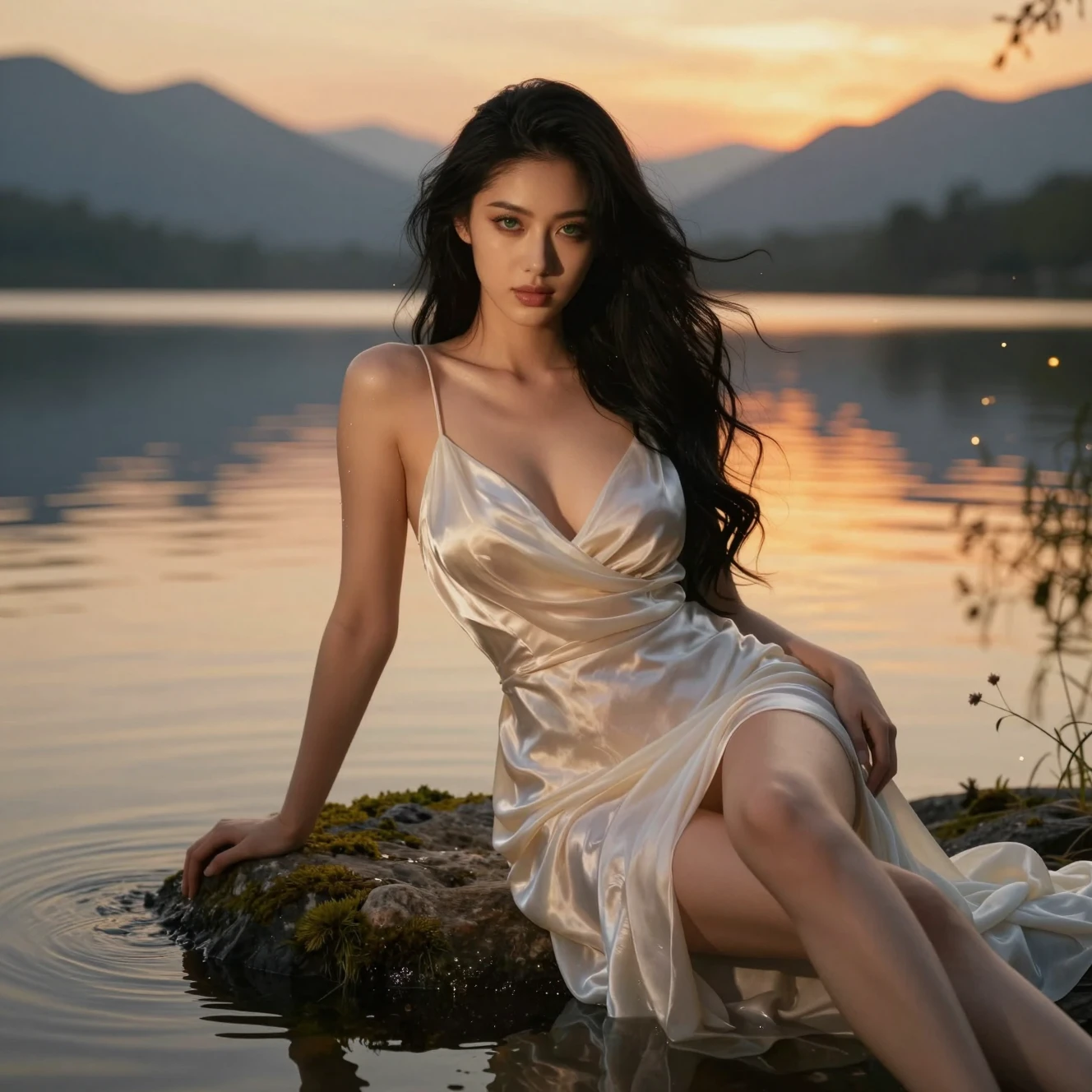 Donna sensuale reclinata sulla riva di un lago tranquillo illuminato dal sole