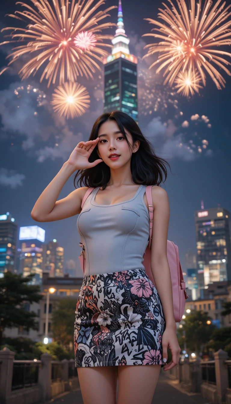 Young woman taking selfie before Taipei 101 fireworks