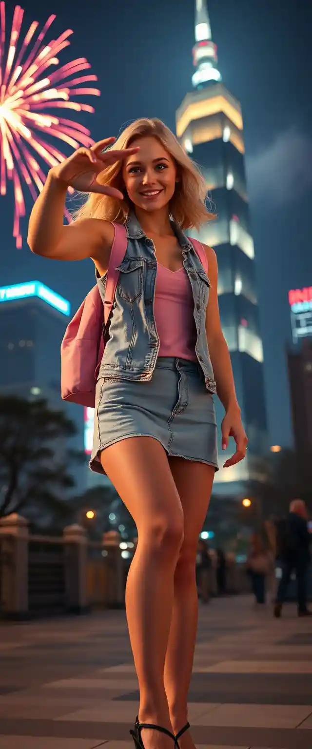 Blonde Frau macht ein fröhliches Selfie vor dem Taipei 101