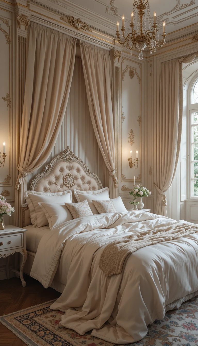 Elegante camera da letto accogliente con coperte di seta e atmosfera calma