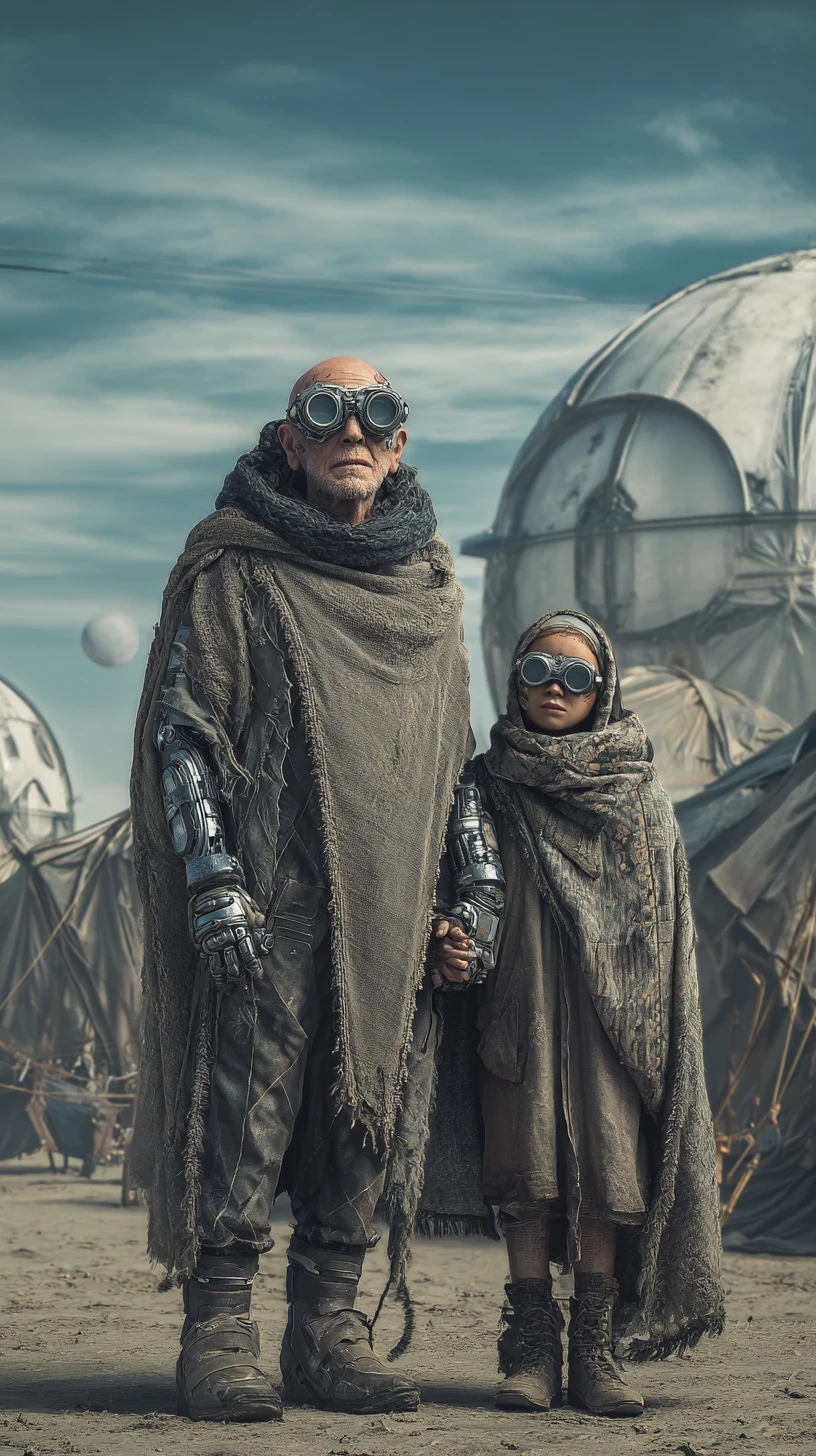 Velho careca e mulher de mãos dadas em acampamento futurista