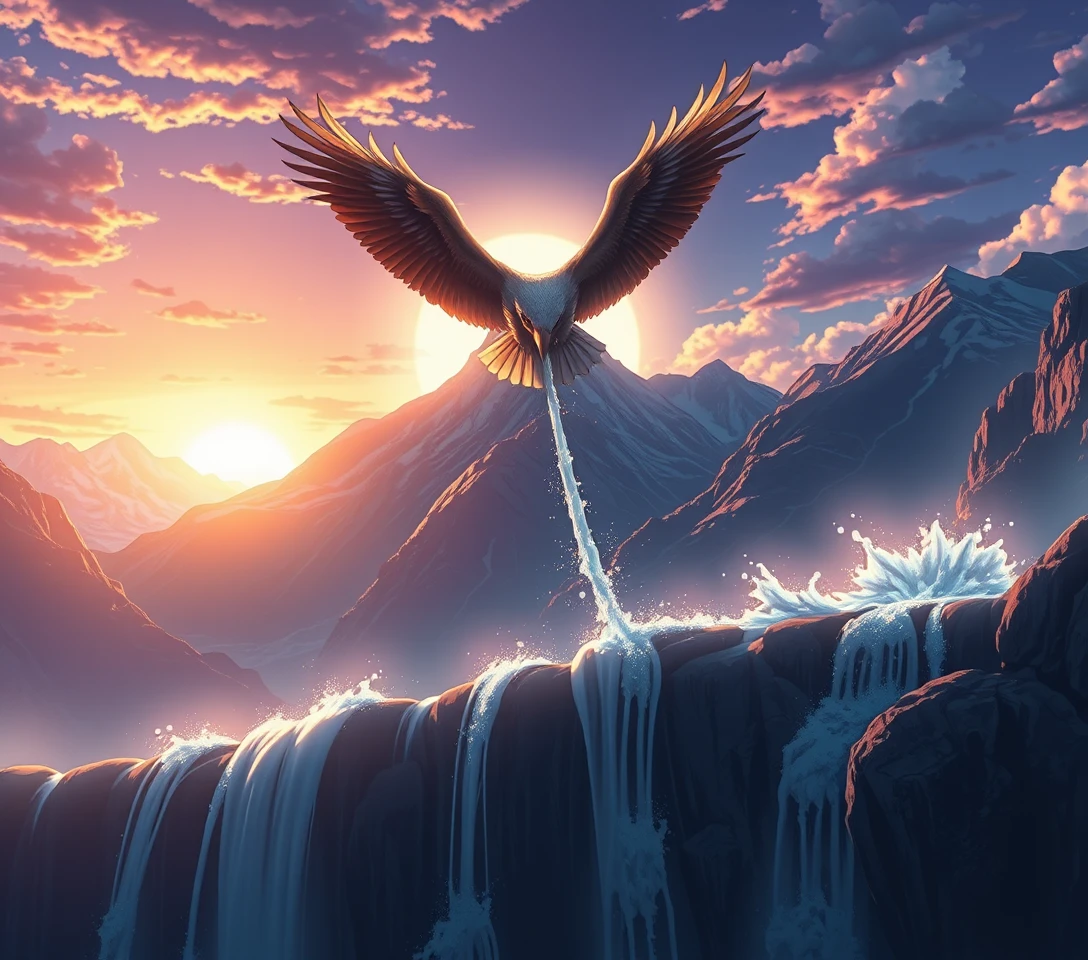 Maestosa aquila anime che vola all’alba tra le montagne