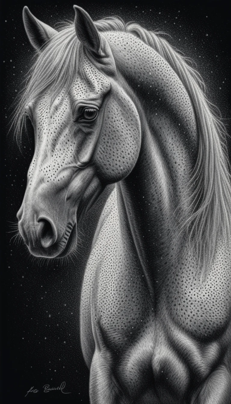 Retrato majestoso de cavalo árabe branco em fundo escuro estrelado