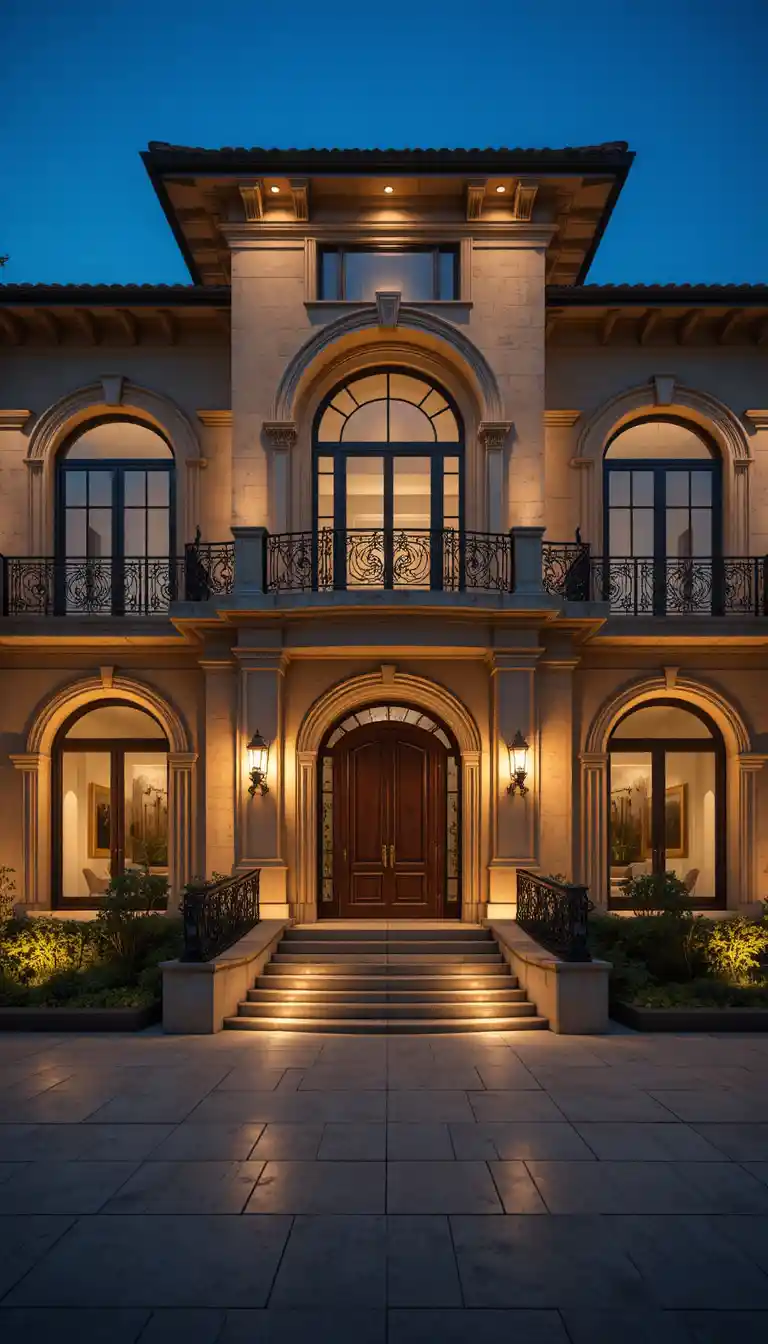 Fachada de vila mediterrânea de luxo à noite com luzes quentes