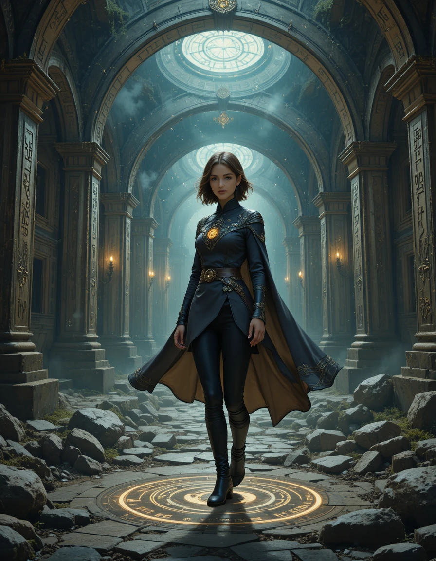 Young mage woman in ruins of a glowing ancient sanctuary