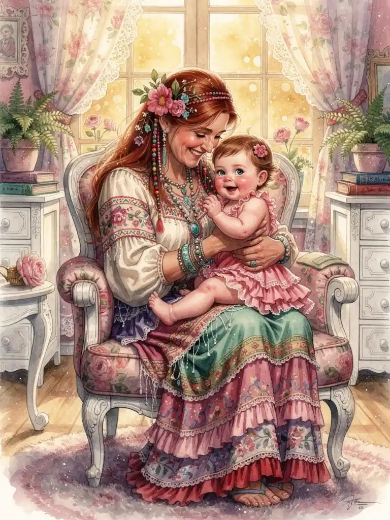 Bohemian grandmother cuddling baby in watercolor living room