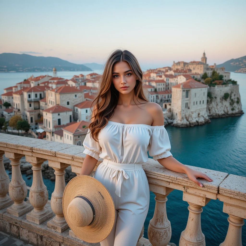 Young woman on stone balcony above Dubrovnik old town