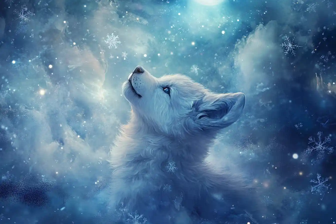 Filhote de lobo uivando para a lua em floresta de inverno encantada