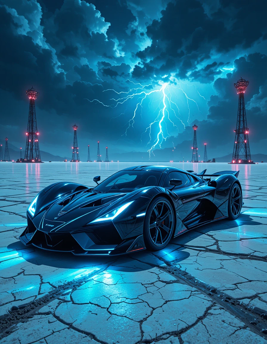 Futuristic neon hypercar crossing a dark salt desert