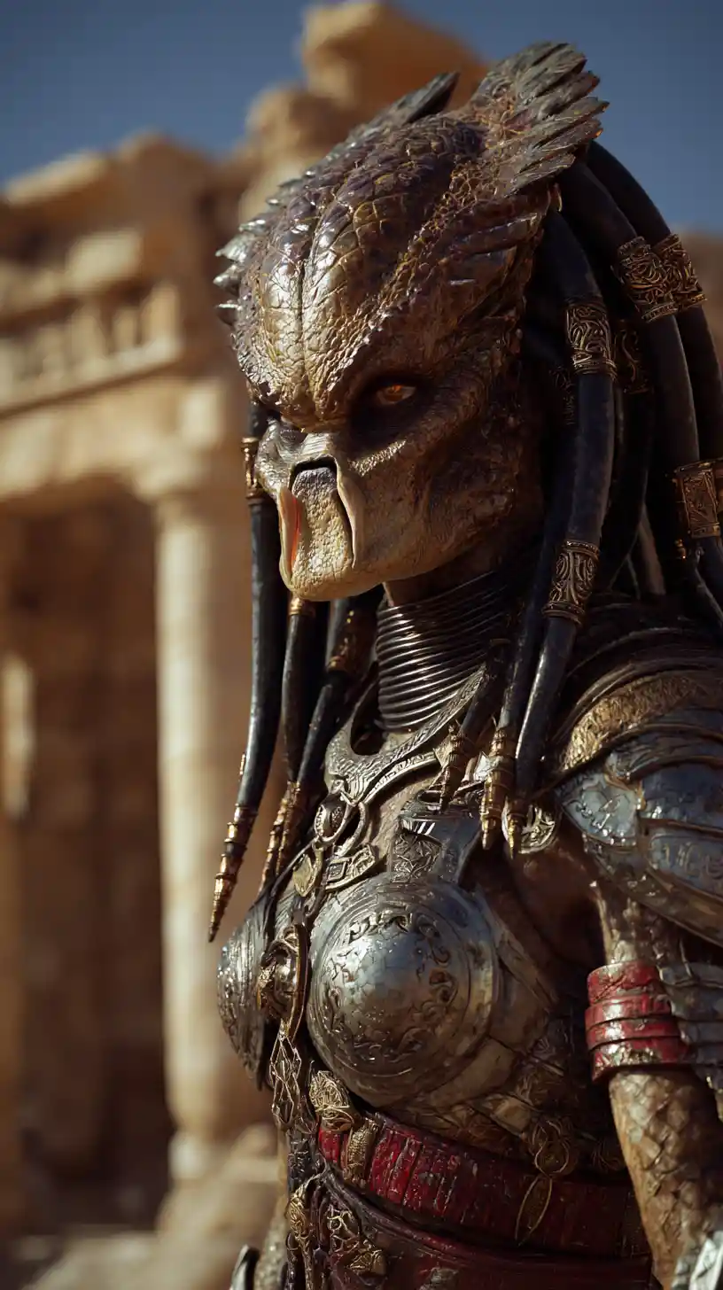 Majestic alien warrior queen in sunlit stone courtyard