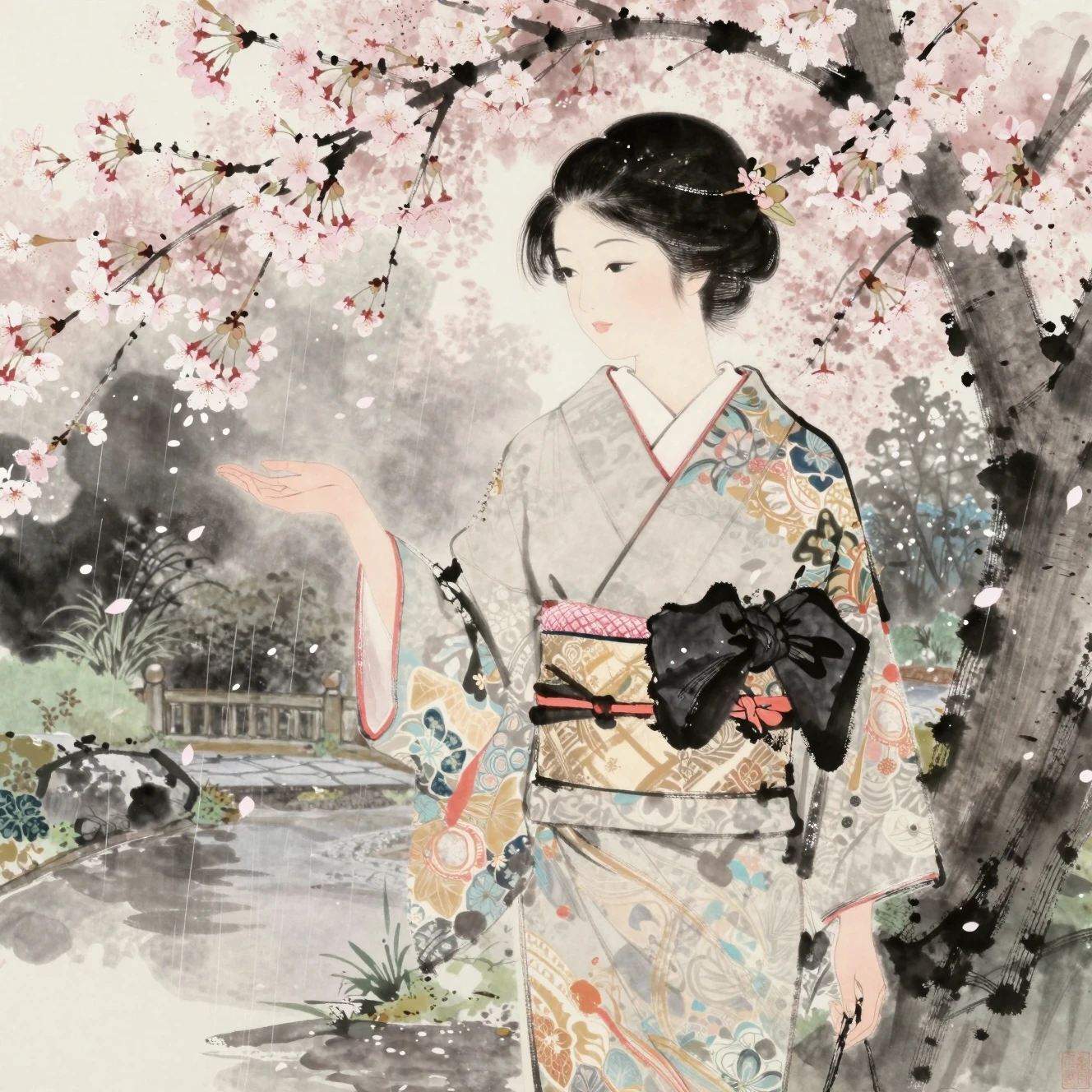 Japanese woman in kimono walking through spring blossom garden