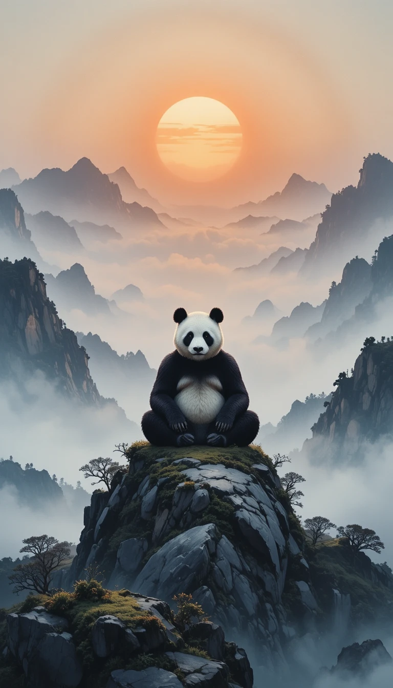 Panda‑gigante meditando em uma montanha enevoada ao nascer do sol