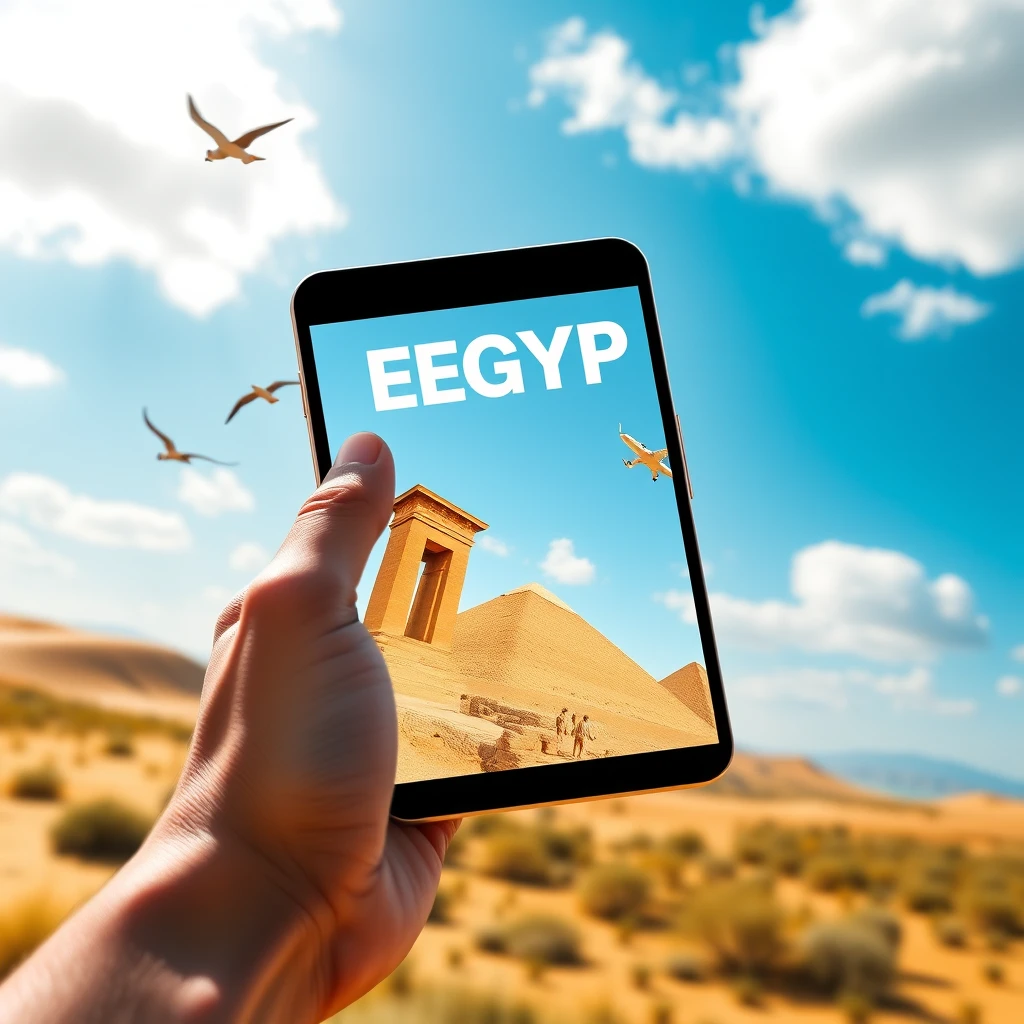 Portal de smartphone en mano que revela un icónico monumento del desierto egipcio
