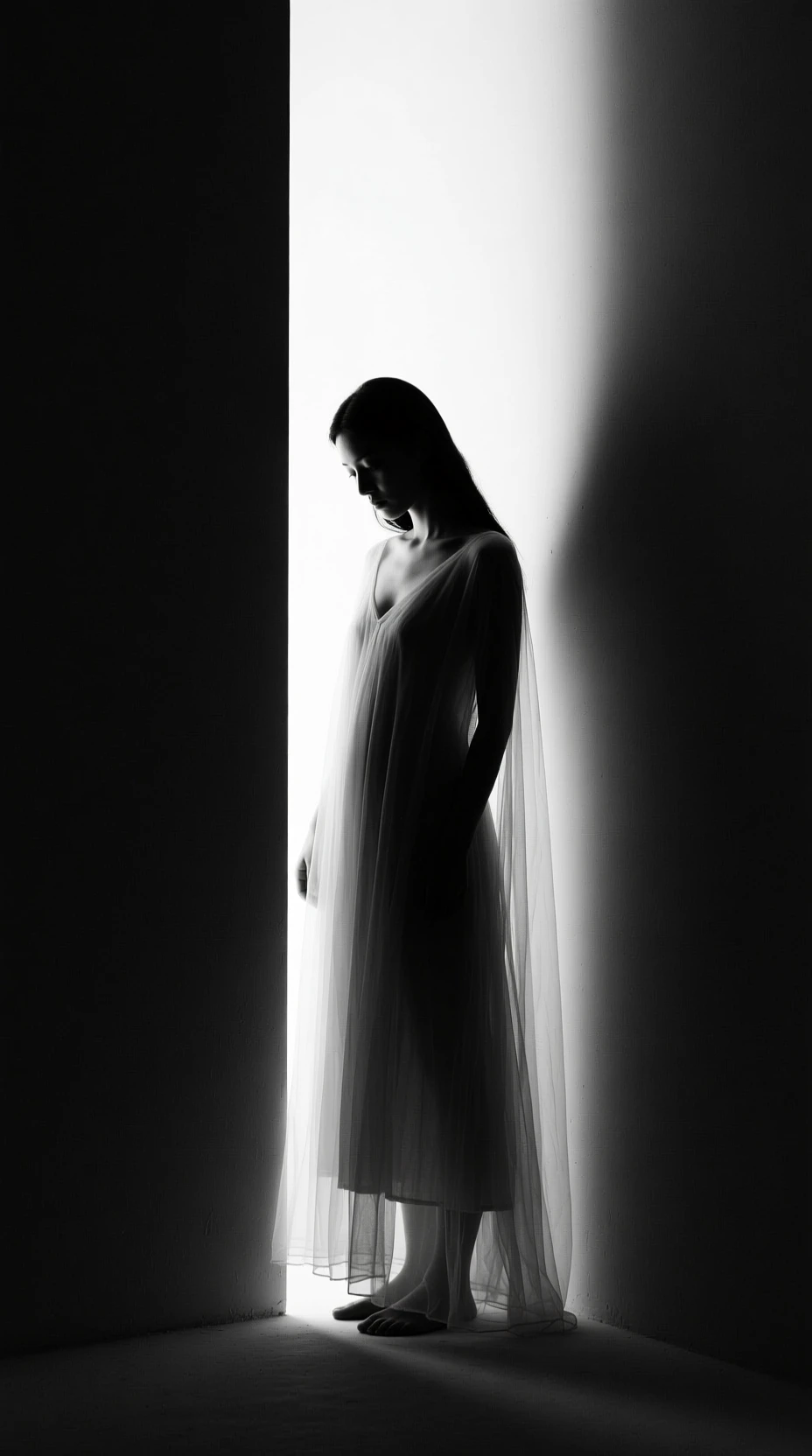 Donna in abito trasparente in una luce forte in bianco e nero