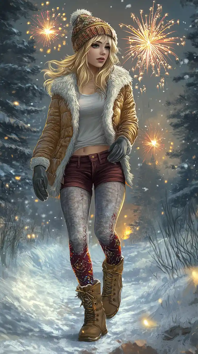 Young blonde woman walking through a festive winter forest