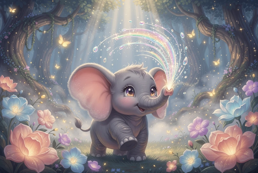 Adorável filhote de elefante borrifando água arco-íris em floresta encantada