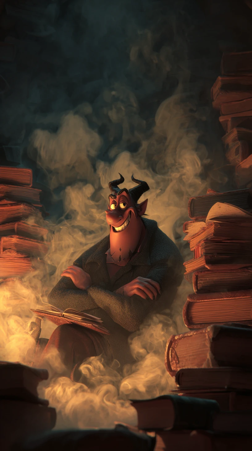 Demônio astuto cercado por fumaça escura sobre livros antigos