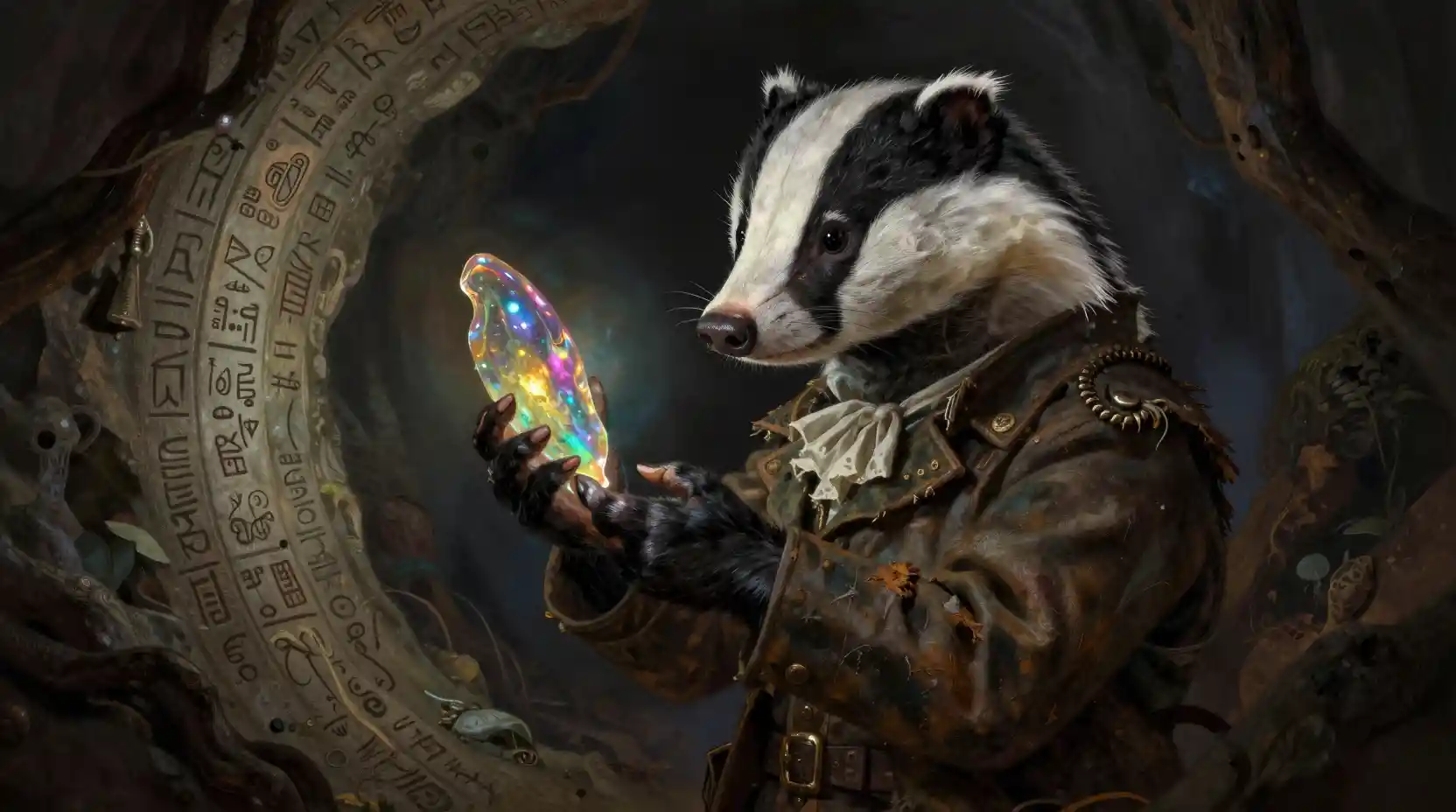 Anthropomorphic Badger Explorer Studying Artifact In Dark Cavern