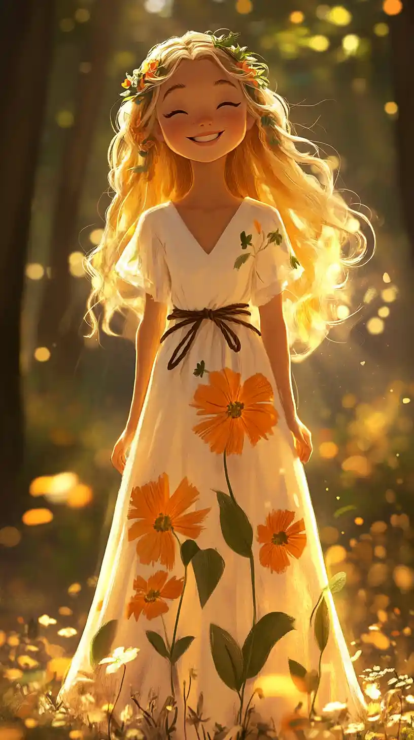 Young girl in floral dress glowing in sunlit forest