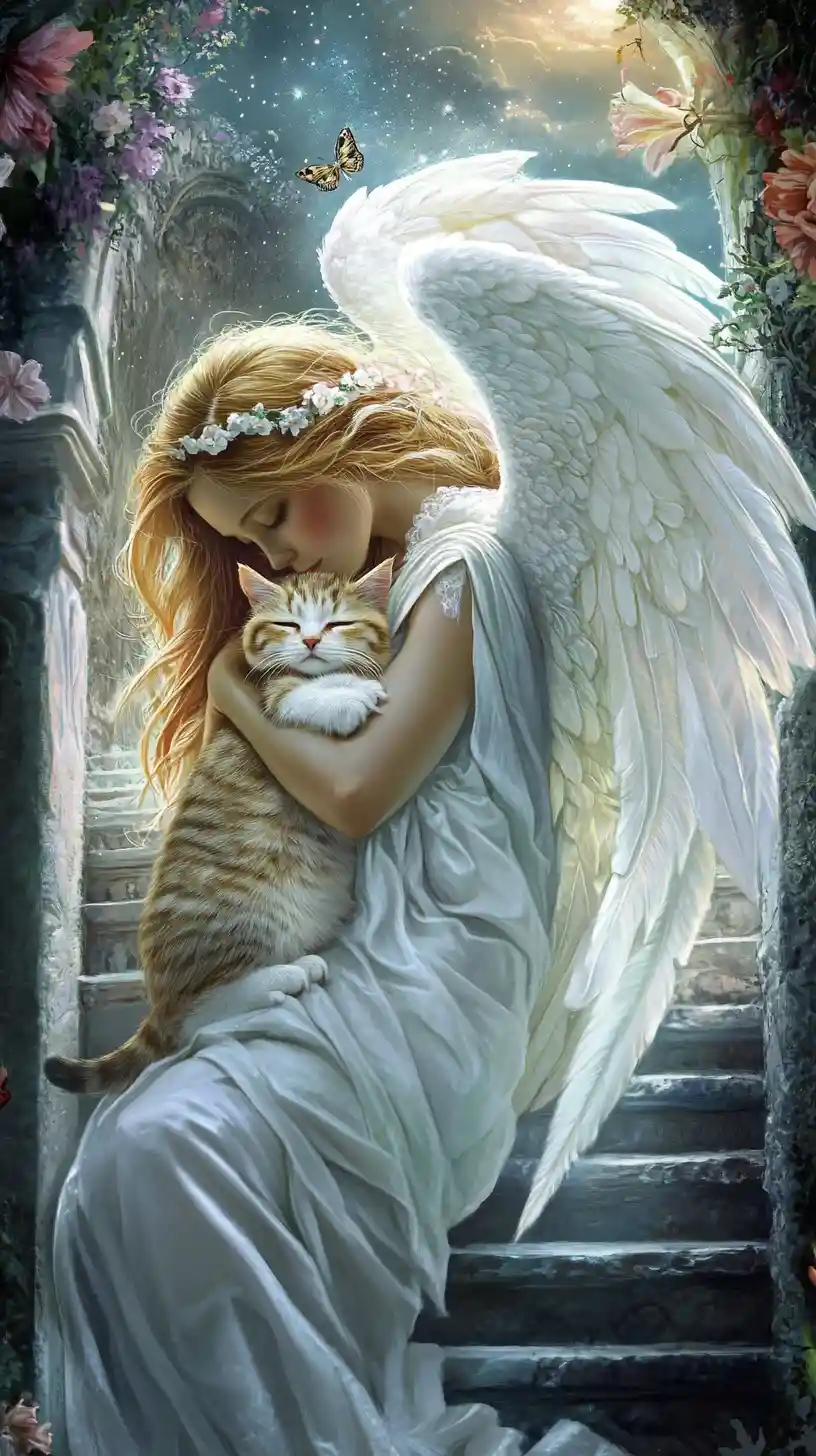 Angel carrying a sleeping cat up stairs to heaven