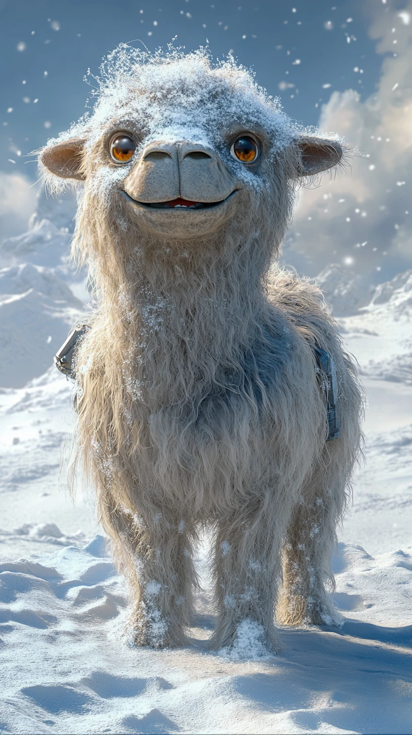 Criatura fantástica alegre en un paisaje invernal nevado