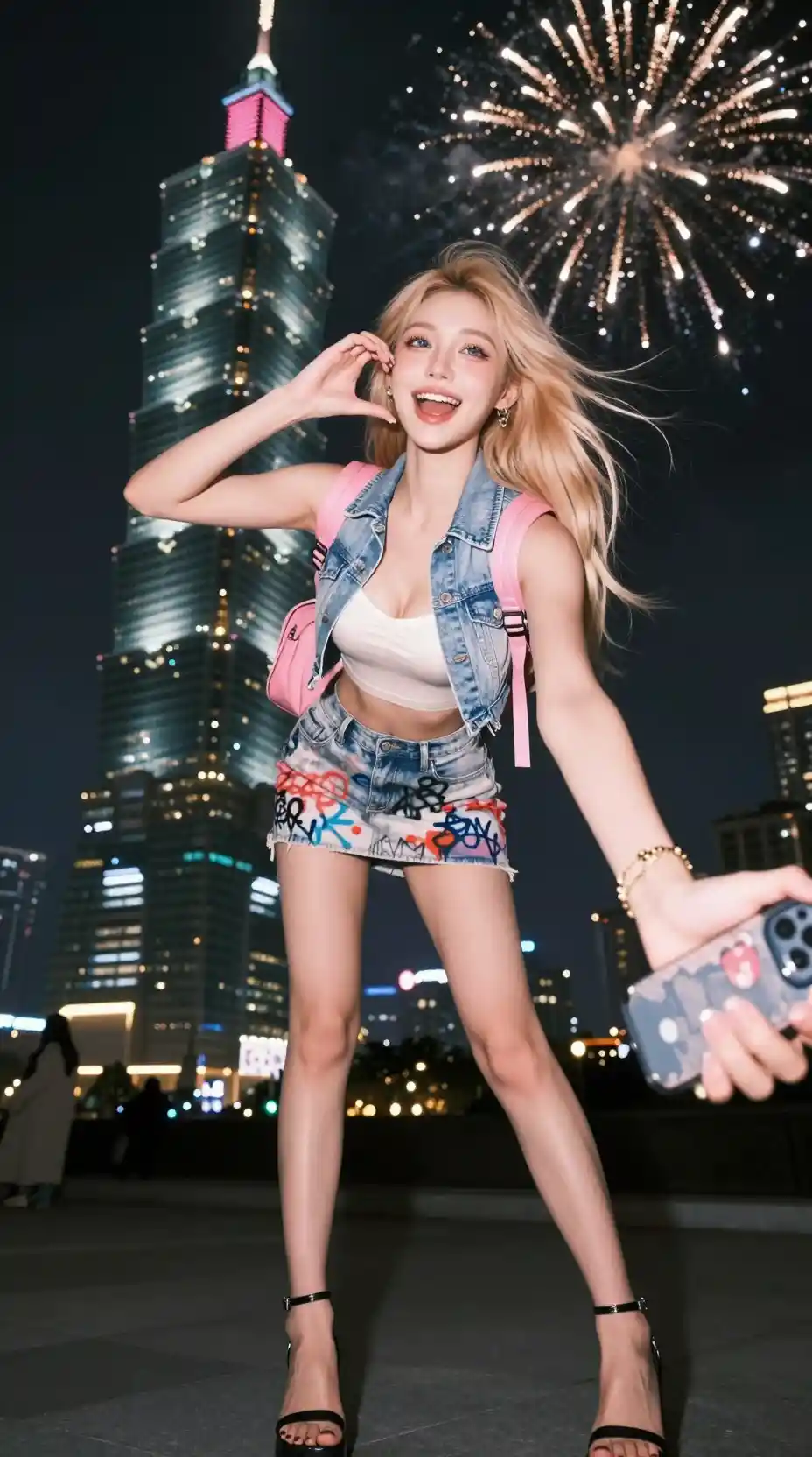 Blonde young woman taking selfie before Taipei 101 fireworks
