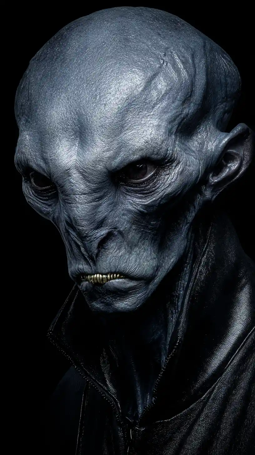 Bald gray humanoid creature in glossy black latex portrait